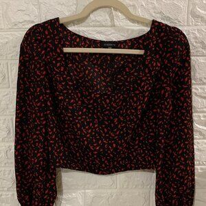 DYNAMITE BLACK RED TOP BLOUSE | LONG PUFF SLEEVE | SLIGHTLY CROPPED  | PATTERNED